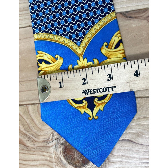 Gianni Versace Vintage Mens Tie‎ Baroque Barocco Silk Geometric Navy Blue Gold - Picture 6 of 7